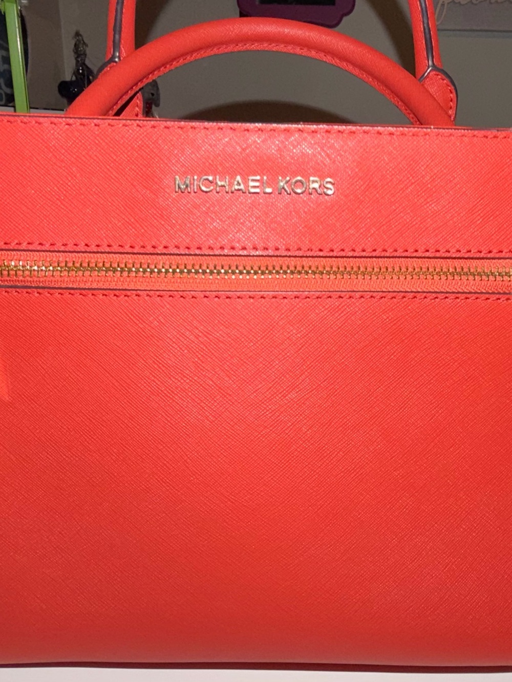 Michael Kors Coral Orange Saffiano Leather Satchel with Gold Hardware